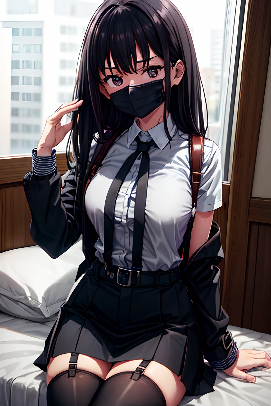 1girl, (masterpiece:1.3), (high resolution), (8K), (extremely detailed), (4k), (pixiv), perfect face, nice eyes and face, (best quality), (super detailed), detailed face and eyes, (solo), textured skin, absurdres, highres, miewz, glasses, long hair, serafuku, sailor collar, yellow neckerchief, white shirt, purple eyes, school uniform, red skirt, red hair,  long sleeves, sitting, looking at viewer, indoors, classroom, chair, tied to a chair, , tied hands, tied wrists, hands behind back, tied ankles, tape on the mouth, tape gag, captured, 