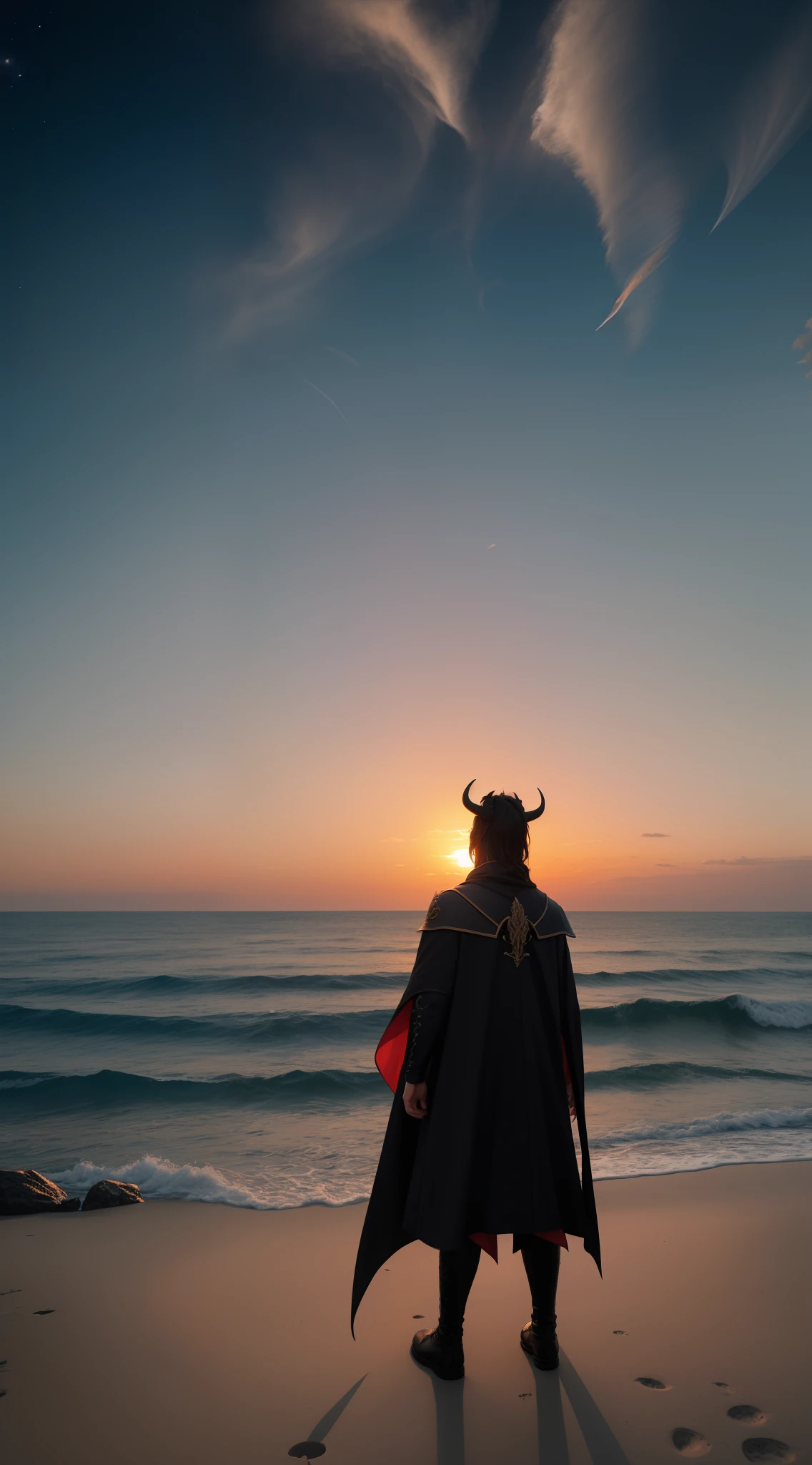 there is a man standing on the beach looking at the ocean, Wear a cape, watching the sunset, looking out at a sunset, looking out at a sunset, gazing off into the horizon, watching the sunset, looking towards the horizon, with a sunset, prime time, at a beautiful sunset, the king of the seas，（Black dragon wings），（Western magic），（Demon King），（Great Dragon Horn）