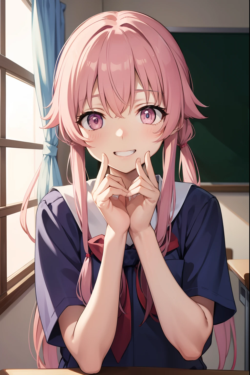yunogasai, yuno gasai, long hair, (pink eyes:1.5), pink hair, smile, grin, low twintails,
BREAK school uniform,
BREAK indoors, classroom,
BREAK looking at viewer, BREAK (masterpiece:1.2), best quality, high resolution, unity 8k wallpaper, (illustration:0.8), (beautiful detailed eyes:1.6), extremely detailed face, perfect lighting, extremely detailed CG, (perfect hands, perfect anatomy),