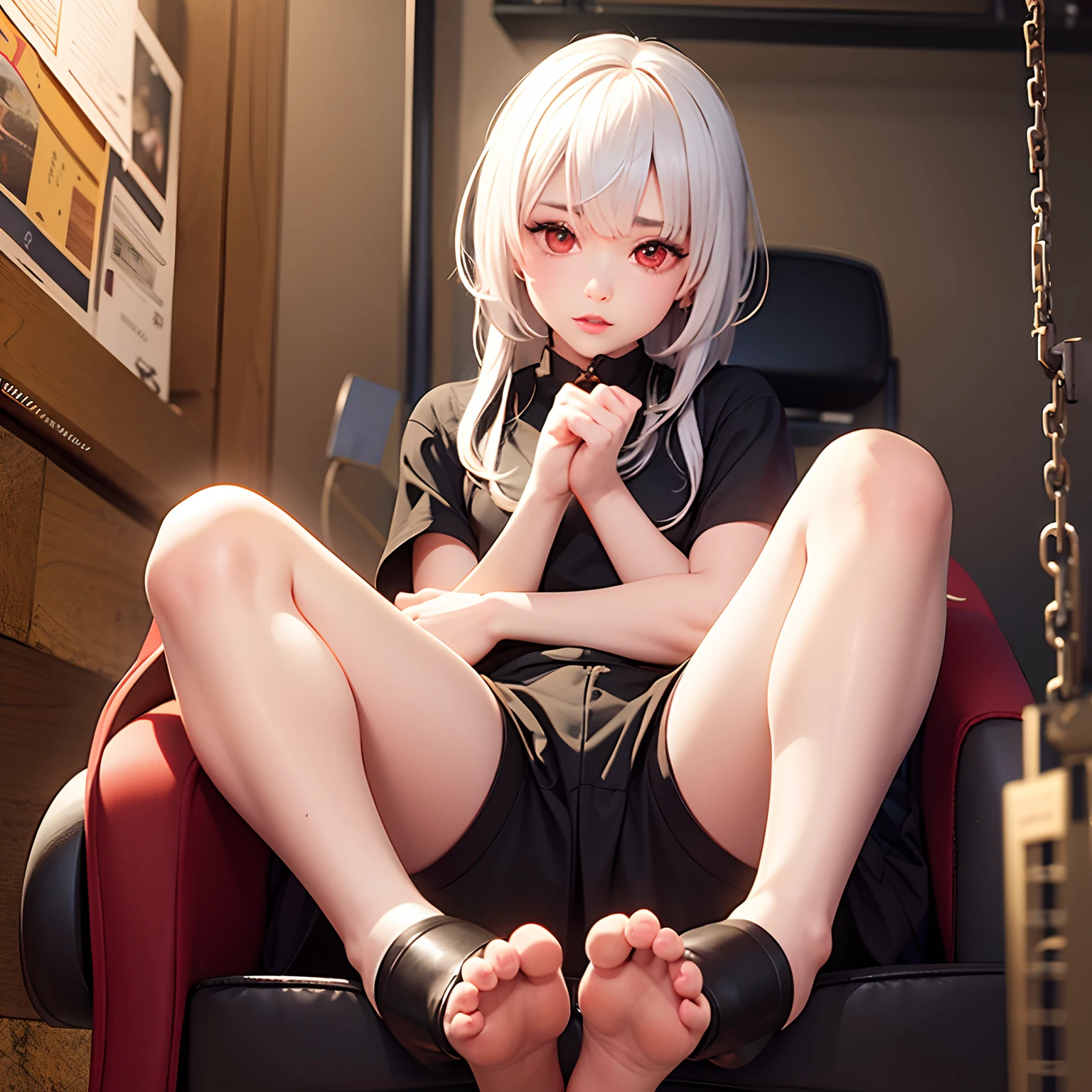 Sick,White hair,Red eyes,behind bars,prisoner,a beauty girl,quadratic element