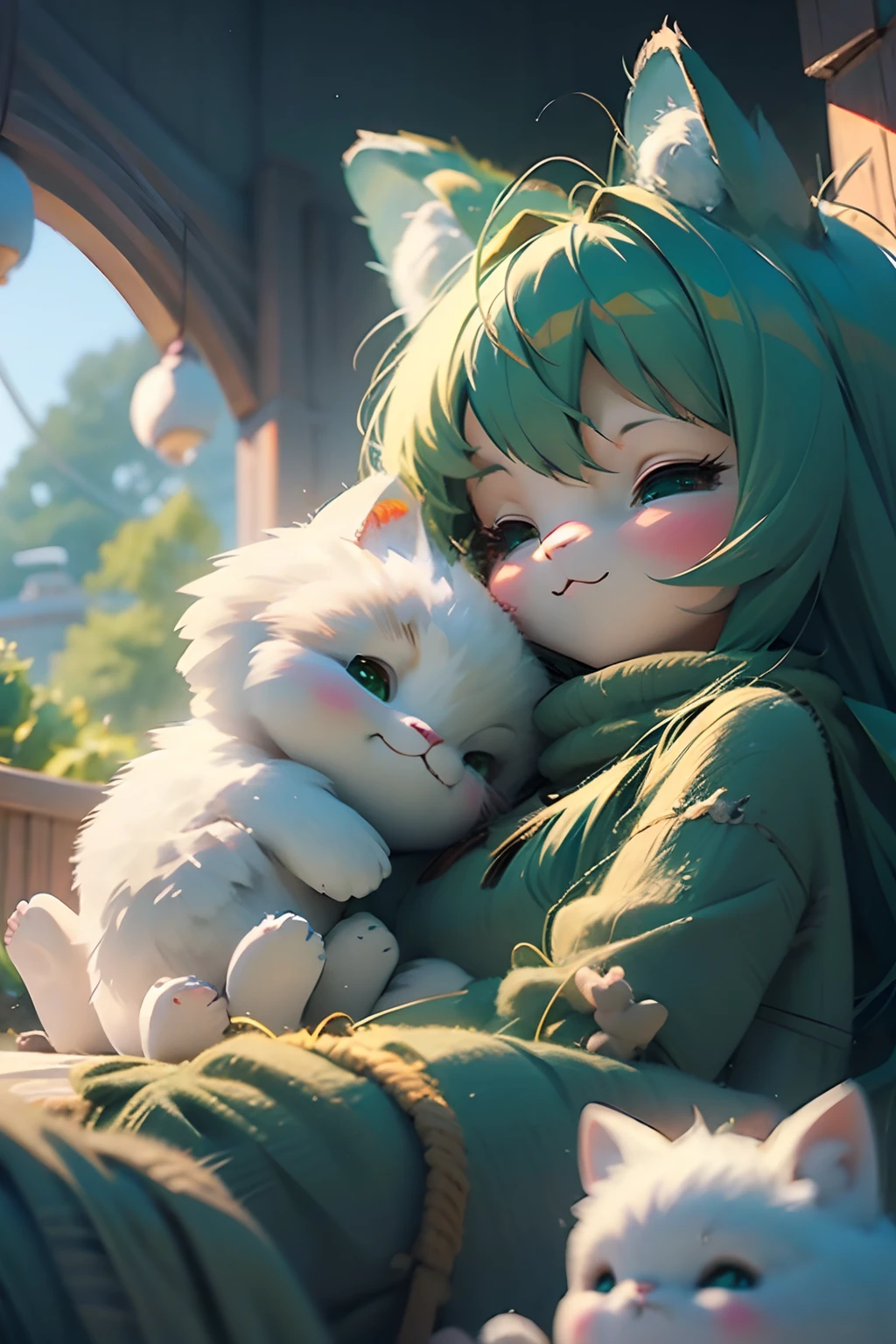 a closeup of a anime girl with long teal hair sleeping and hugging a white cat in the clouds, an anime drawing by Shitao, pixiv contest winner, furry art, fluffy!!!, very beautiful anime cat girl, beautiful anime catgirl, cute anime catgirl, anime girl with cat ears, very beautiful cute catgirl, white cat girl, fluffy!!!, anime catgirl, anime cat, trending on artstation pixiv