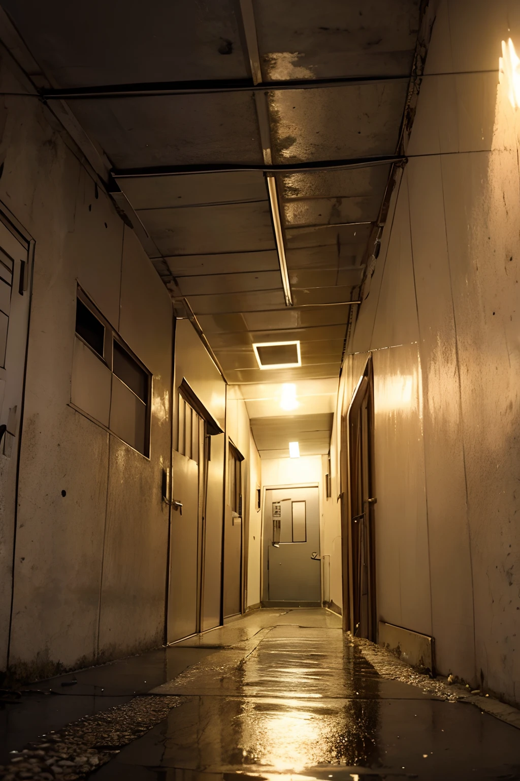 um corredor de um bunker com luzes artificiais