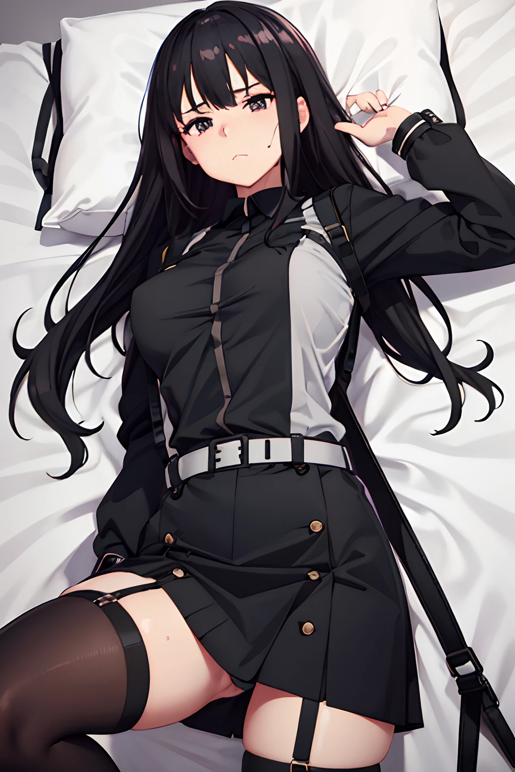 ,Belt bag,Suspenders Black Miniskirt garterbelts knee high Stockings Black Niso Colorcon armpit sweat perspiring Side of both hands,Black jacket,Gaze,ample bosom,Armpit sweat,Exposing the armpits"Tight clothes、Cuffed、wristbands Lie on the bed with your hands up White mask