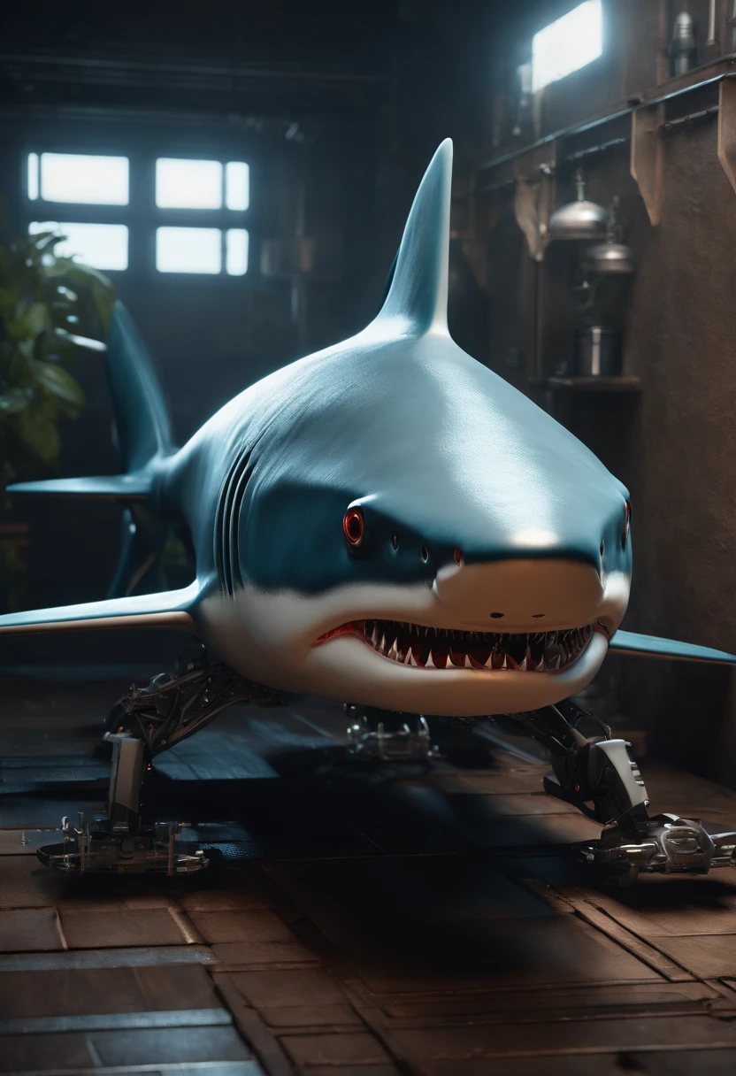 Robotic shark, 8k unreal engine render, wires and gears, photorealistic