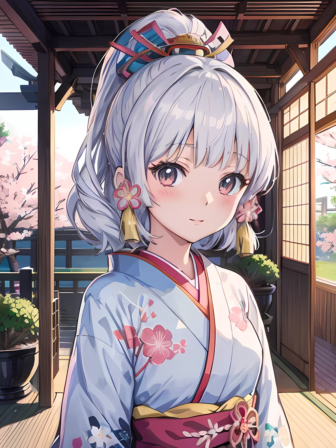 anime girl in kimono outfit standing in front of a covered porch, detailed digital anime art, beautiful anime portrait, kawaii realistic portrait, digital anime illustration, detailed portrait of anime girl, anime style 4 k, anime style portrait, anime visual of a cute girl, smooth anime cg art, high detailed official artwork, clean detailed anime art, official artwork, shikamimi