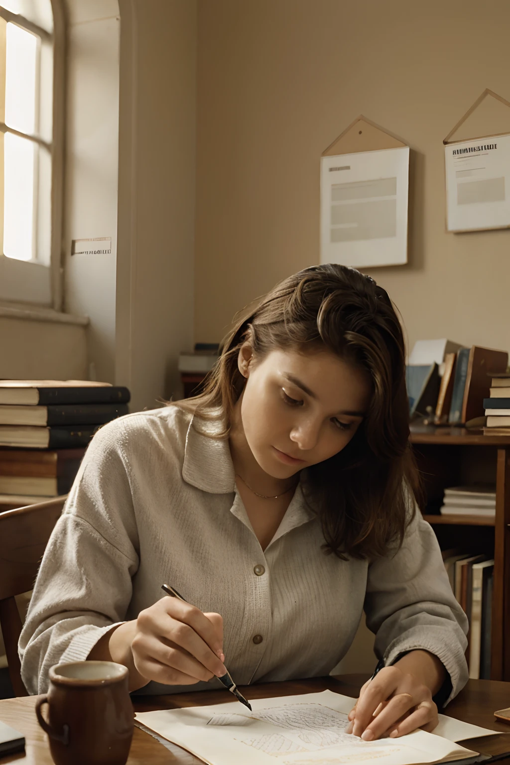 Illustrate a historian examining documents. 1990
