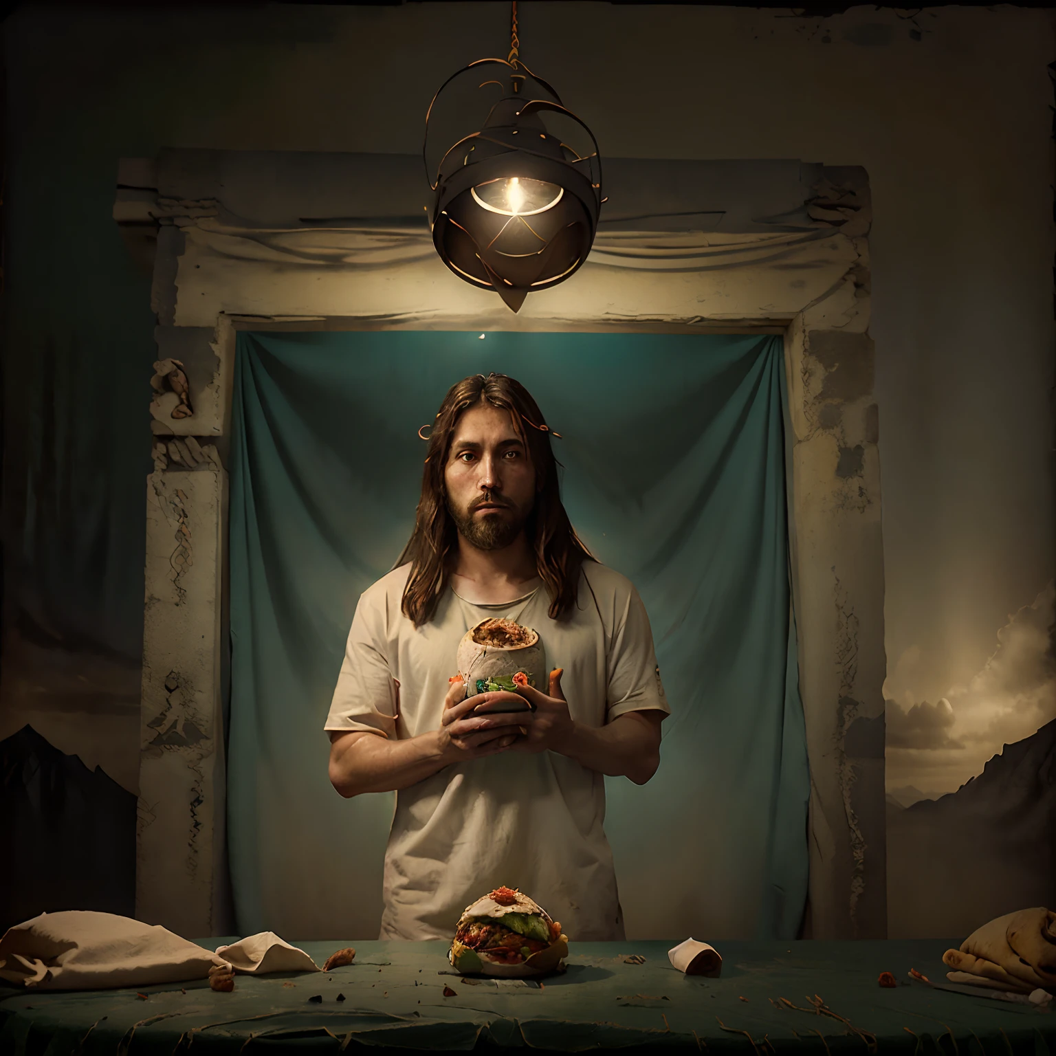 Stylized anime photography with simple colored backdrop of, a heavy set Jesus Christ with a glowing halo above his head, eating a messy burrito