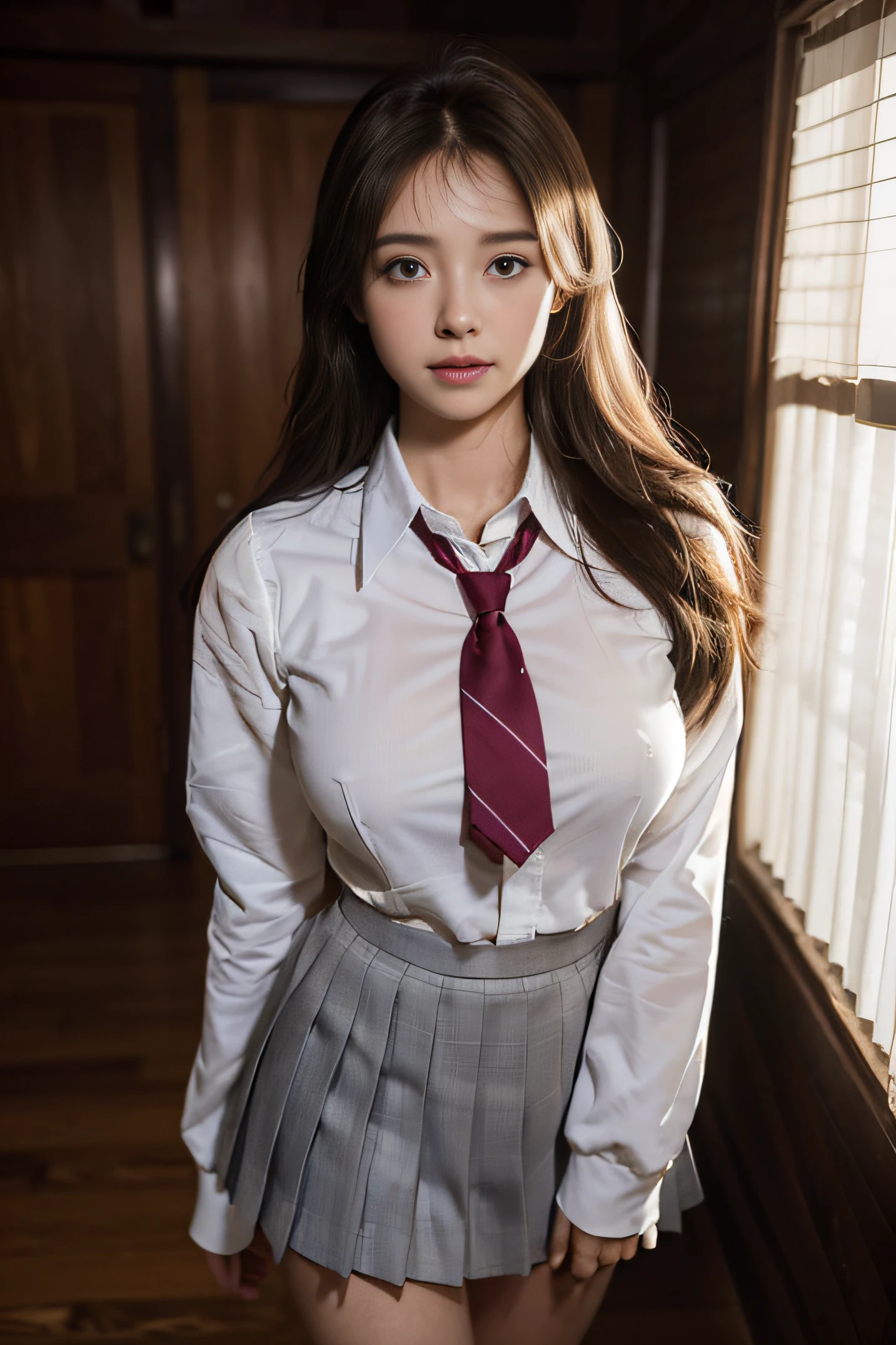 ((beautiful a girl:1.3))((School Uniforms:1.4))((pantyshot:1.3))((highschool)),((White pleated skirt:1.3)) ((White shirt with long sleeves:1.2))((red necktie:1.3))((in class room:1.3)) ((Long brown hair:1.2)) ((Full body:1.3)) ((Smile:1.3))((Thin_fabric:1.4)) ((is standing:1.3)) ((full of sweat:1.5))((with a flushed face:1.4)) ((Big breasts:1.4)) ((close-up:1.2)) Best Quality,masutepiece,超A high resolution,(Photorealistic:1.4),Raw photo,(Authentic skin texture:1.3),(Film grain:1.3),the panorama,Character Portrait,Very Wide Shot,Narrow waist,Cowboy Shot,(In the Dark, deepshadow, lowkey, cold light,) Night,((FULL BODYSHOT)),Streaming Tears,,Dust,Tindall Effect,(expression),1girl in,beautiful detailed eyes and face,White Jabot,Brown eyes,