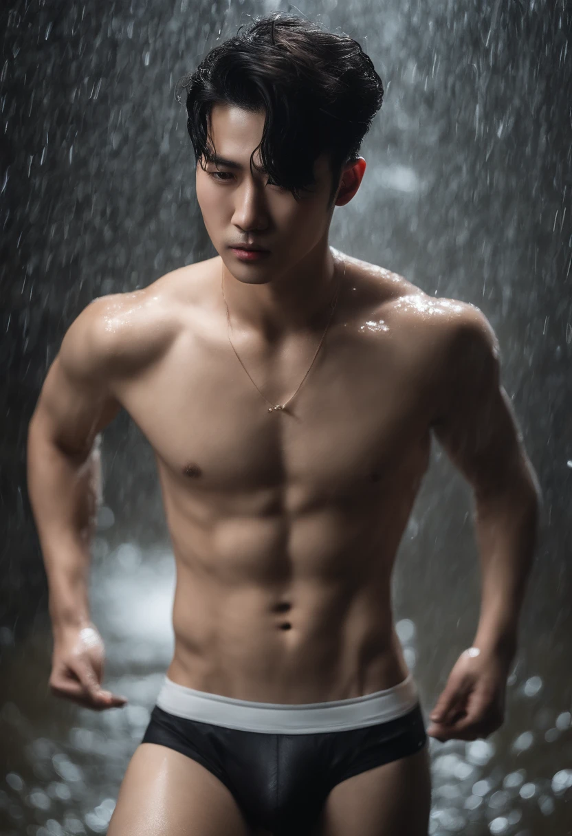 A handsome 26-year-old Chinese boy,Being spanked,Wear underwear,Hair standing in the rain,short detailed hair,Hair is wet,Water droplets on the hair,exquisite facial features,Super realistic skin details,Pores can be seen,Portrait Photogram,Canon R5,Shutter speed 1/200,Aperture F/5.6,ISO100,Presented with a sense of premium,Very authentic colors,Rembrandt light,The picture is dark,32K Ultra HD,Hyper-realistic style