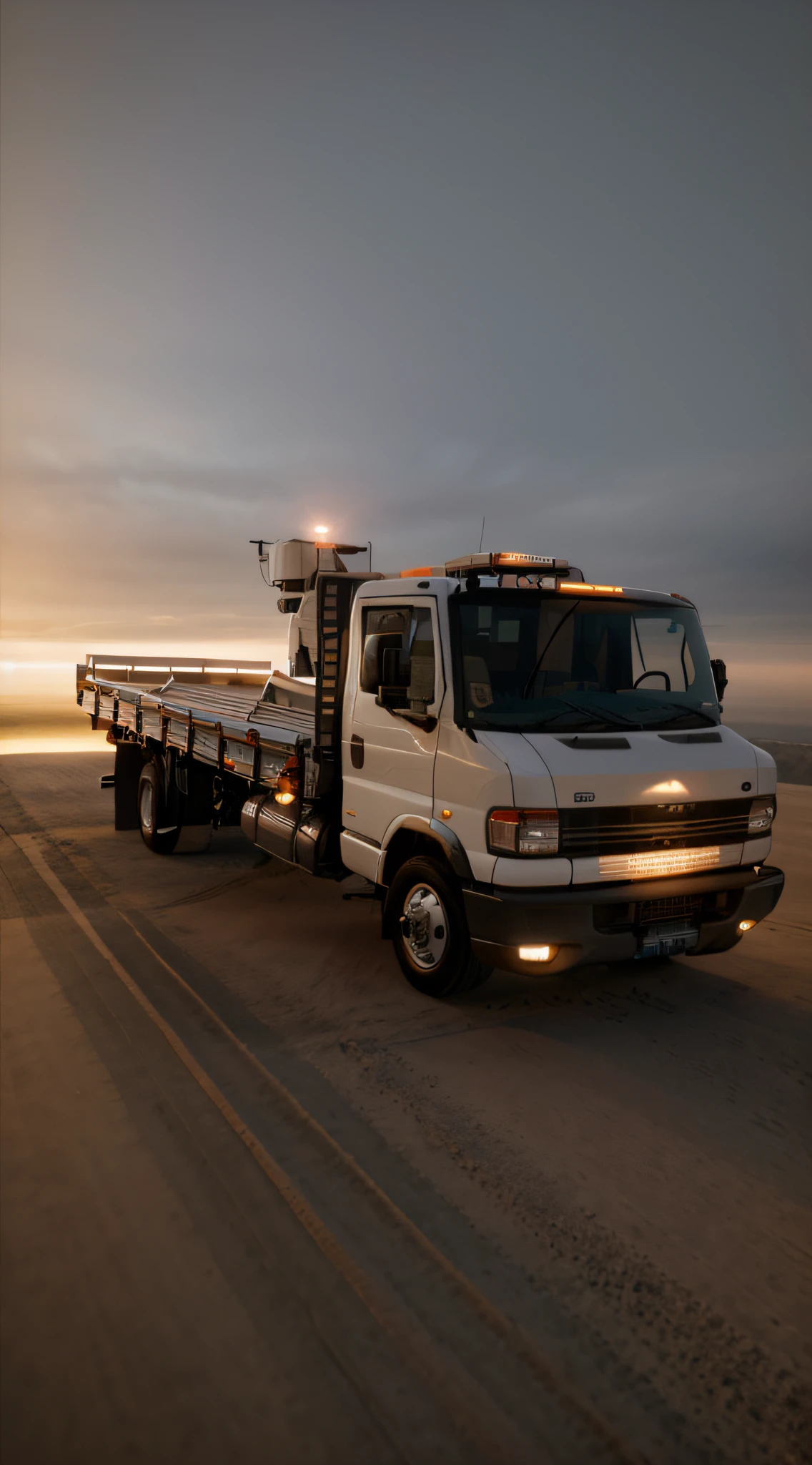 There's a white truck with a crane in the back, dispositivo completo, Truck, vehicle, single body, Completo - Ver, vehicle profile, new vehicle, - s 1 5 0, vista frontal completa, argila, 3 d render de jerma 9 8 5, reboque, spear, vehicle photography, h0, 3/4 vista frontal, dall - e 2