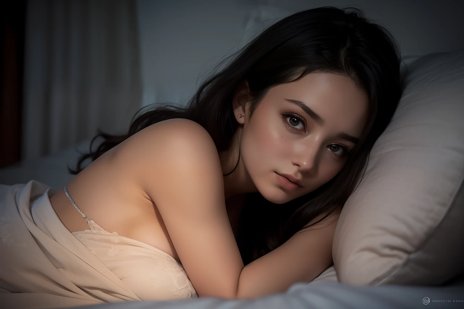 A stunningly beautiful 25-year-old British woman awakens from her sleep, she reclines her back on the bed, and her body partially covered by blankets. Her shoulder-length hair falls in messy black waves around her face. With her eyes already open, she gazes into the dimly lit bedroom, creating an enchanting atmosphere at night. This realistic photograph captures the essence of the young woman's exquisite features and evokes a sense of intimacy. The image quality is exceptional, allowing every detail to shine through, from her flawless complexion to the delicate strands of hair that frame her face.