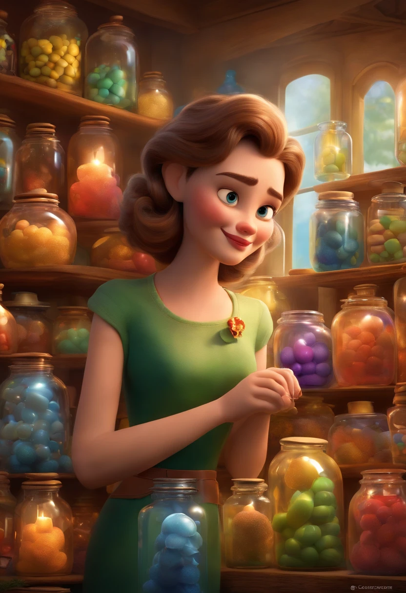 A collector of ideas inspired by Pixar animation, up close. She is surrounded by a collection of magical jars, each containing a unique idea. The focus is on the character, with a captivating facial expression, against a backdrop of sparkling, effervescent colors.