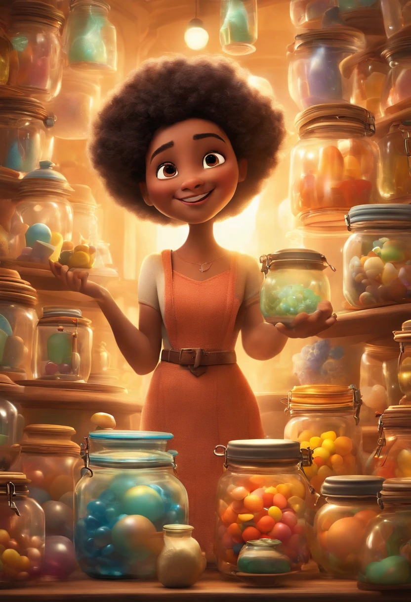 A collector of ideas inspired by Pixar animation, up close. She is surrounded by a collection of magical jars, each containing a unique idea. The focus is on the character, with a captivating facial expression, against a backdrop of sparkling, effervescent colors.