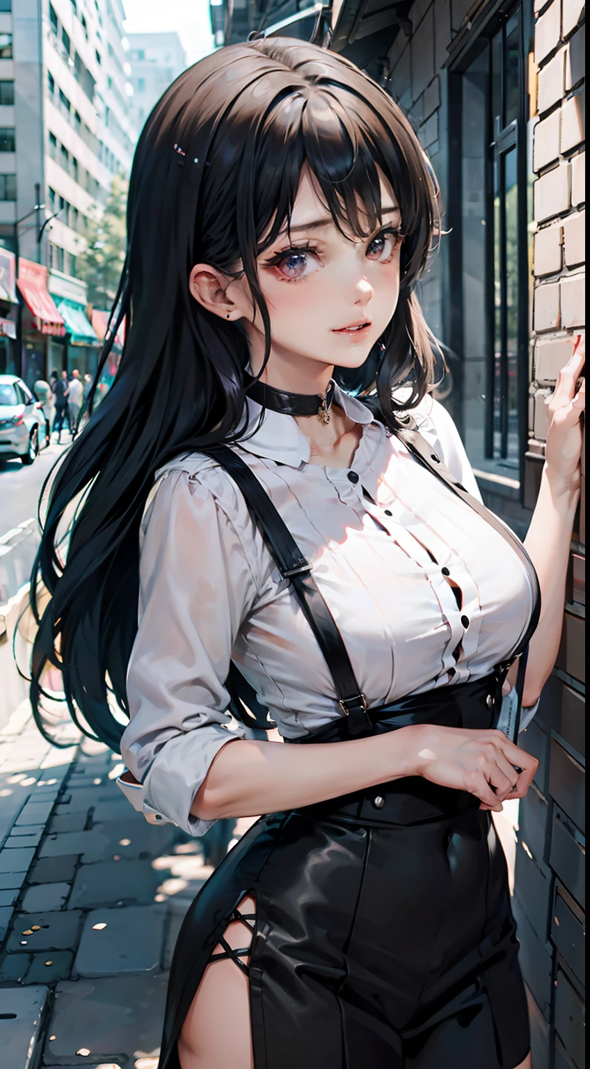 (Student clothing:1.3),(JK:1.3),(black suspenders stockings:1.3),jewely,looking at viewert,hair adornments,choker necklace,is shy,ssmile,
(artwork of a,top-quality,best qualityer,offcial art,Beauty and aesthetics:1.2),(1个Giant Breast Girl),(Dress normally)