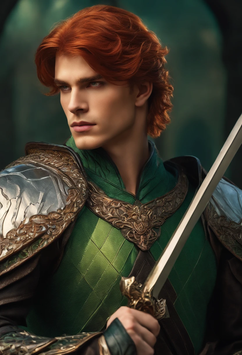 "heroic male swordsman", red hair, fantasy, duelist, green eyes, handsome, head and shoulders portrait, intricately detailed eyes