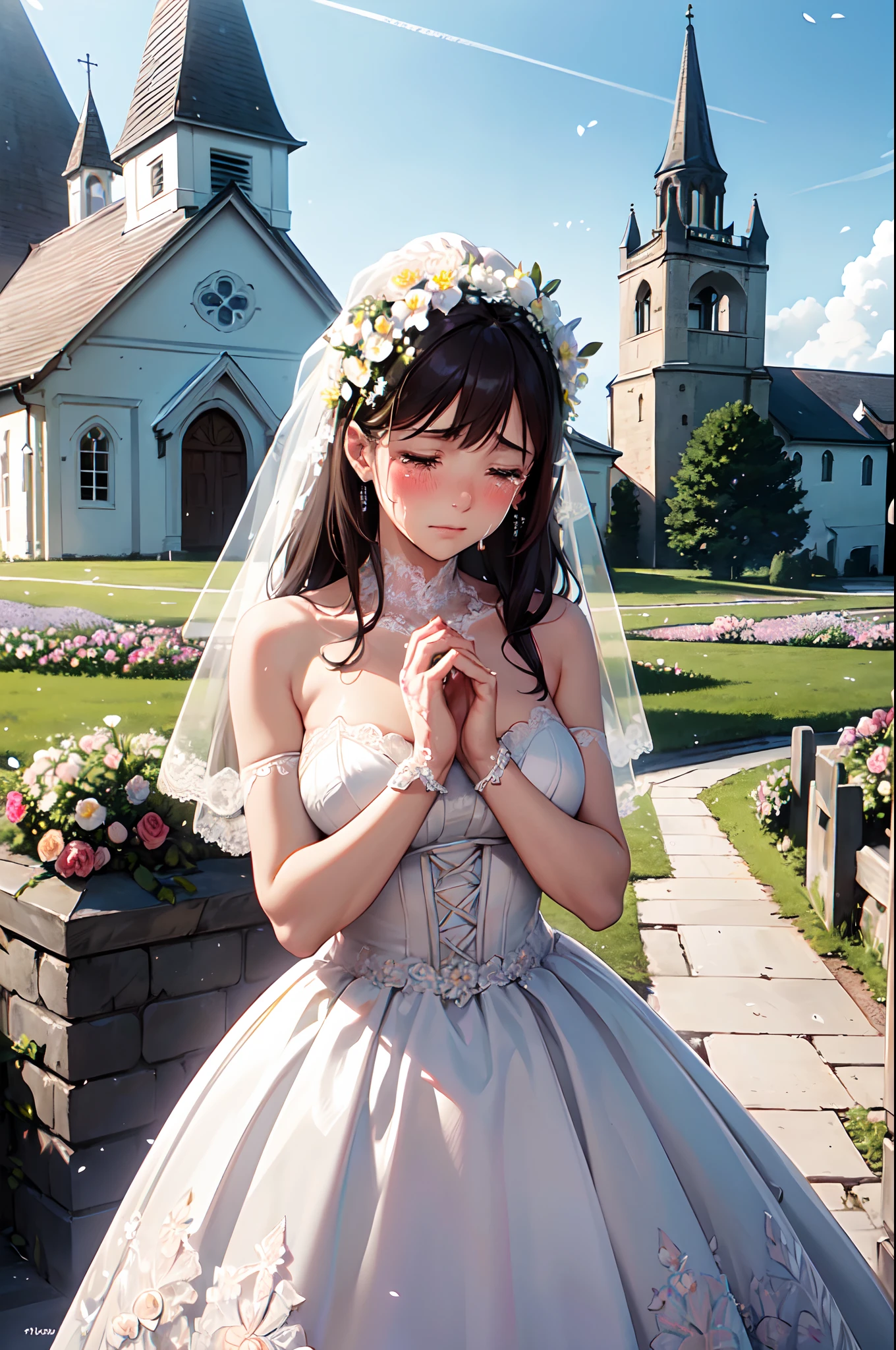 masterpiece,best quality,High resolution,Fine details,Realistic,solo,Adult Woman,blush,(((shedding tears))),Large breasts,(((White Wedding Dresses))),((Meadow with a view of a small church)),((snowstorm of flowers)),Frontal