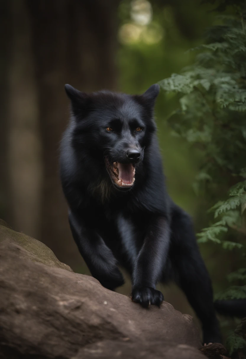 Um "macaco" vestindo um manto roxo e uma cartola, jogando "magic the gathering card game", accompanied by a black and green dire wolf snarling at the camera, Taberna medieval,Retratos,vivid colors,soft lighting, master part, melhor qualidade