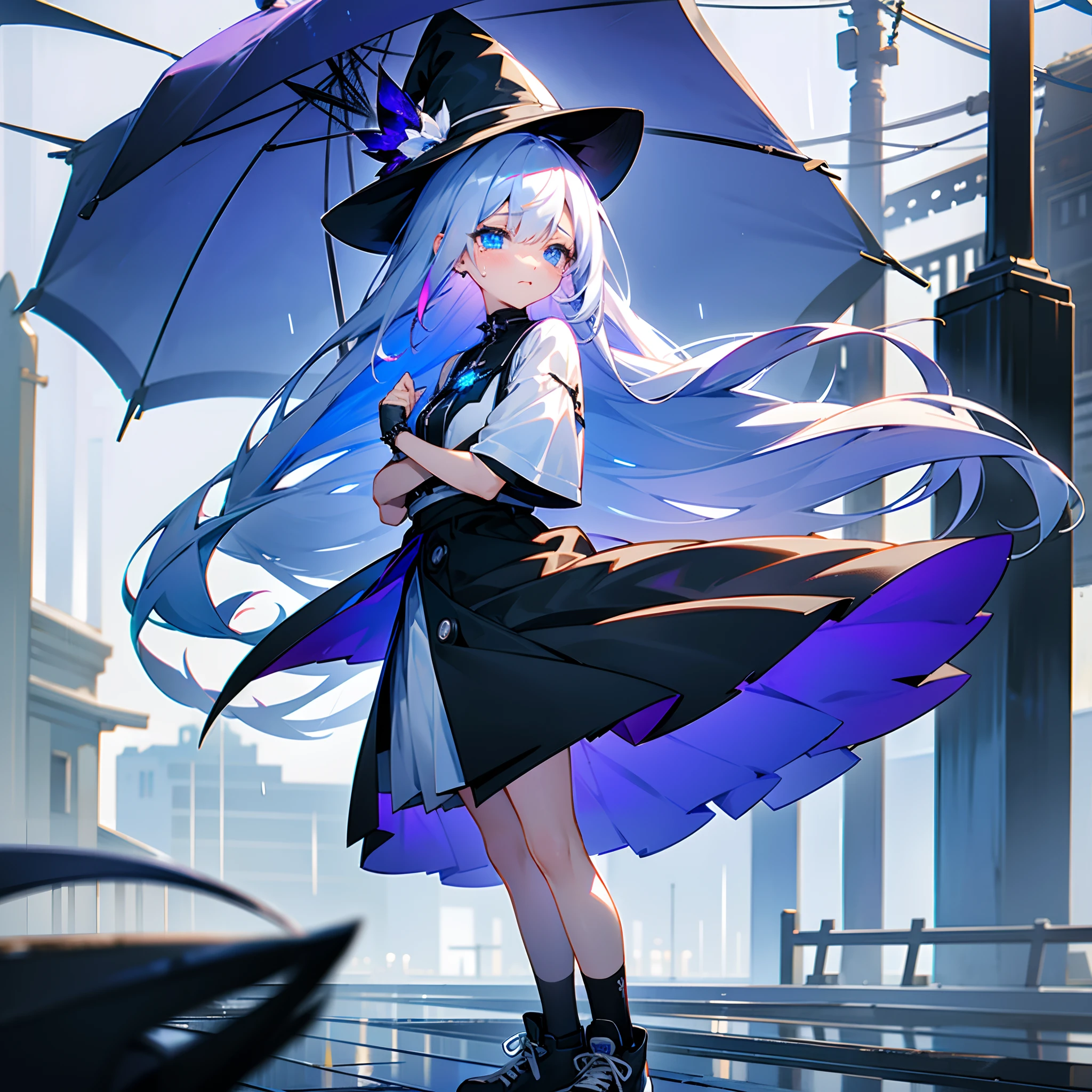 Rainy nights、A port town lined with buildings、Yokohama、Standing Girl、Black coat、white t-shirt、a black skirt、beautiful thigh、Beautiful calves、Rob hair with white hair color with blue-violet mesh、Looking at me crying、Black sneakers with white shoelaces、Large witch hat with sapphire accessories、Blue eyes with highlights、