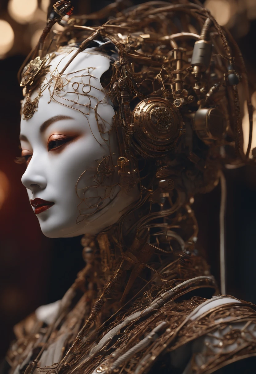 portrait of a slightly rusty robotic geisha with wires and actuators, porcelain white face, dramatic lighting, hyper - realistic, ultra - realistic, intricate details, 8 k ultra high definition, octane render