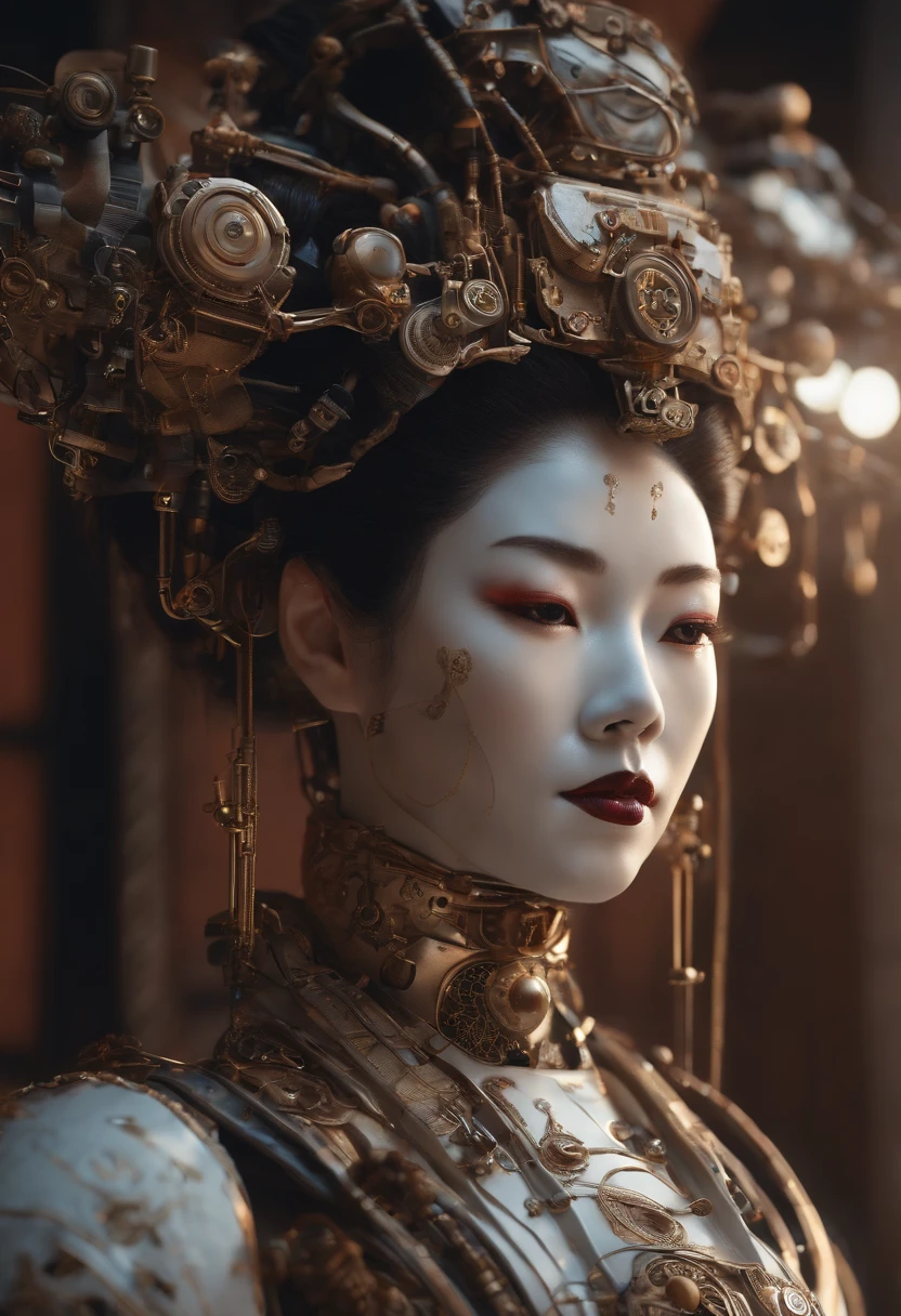 portrait of a slightly rusty robotic geisha with wires and actuators, porcelain white face, dramatic lighting, hyper - realistic, ultra - realistic, intricate details, 8 k ultra high definition, octane render