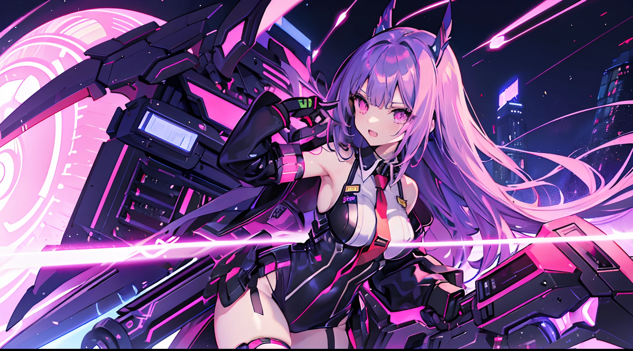 machine wings Android Girl, Purple Straight Long Hair, PSO2NGS, Black and red protector, Cyber City, Exposed thighs, Armpits, Sexy Pose, shairband, Red tie, light machine gun Light is shining clenching teeth