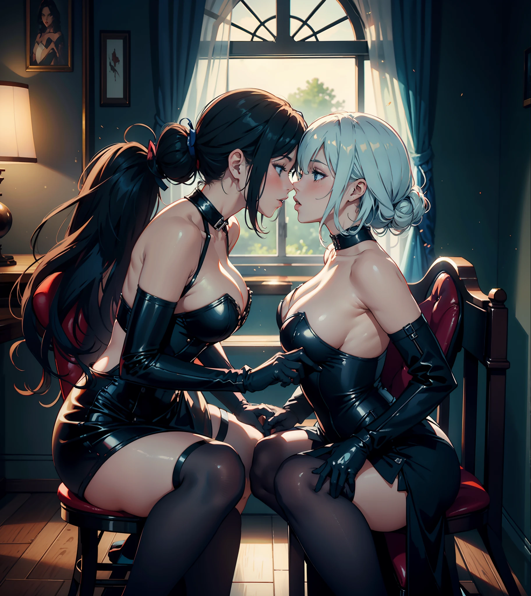 Two sexy women kissing each other, sitting in chair, very hot