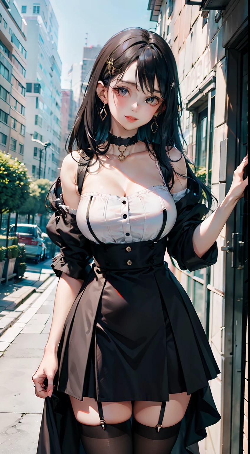 (Student clothing:1.3),(JK:1.3),(black suspenders stockings:1.3),jewely,looking at viewert,hair adornments,choker necklace,is shy,ssmile,
(artwork of a,top-quality,best qualityer,offcial art,Beauty and aesthetics:1.2),(1个Giant Breast Girl),(Dress normally)