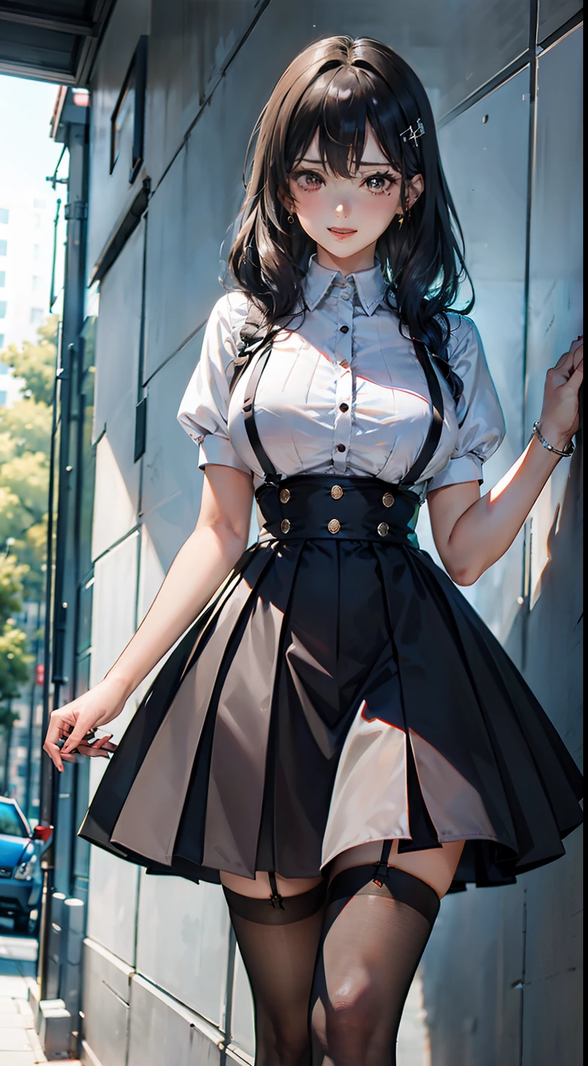 （Student clothing：1.3），（JK：1.3），（black suspenders stockings：1.3），jewely，looking at viewert，hair adornments，choker necklace，is shy，ssmile，
（artwork of a，top-quality，best qualityer，offcial art，Beauty and aesthetics：1.2），（1个Giant Breast Girl），（Dress normally）