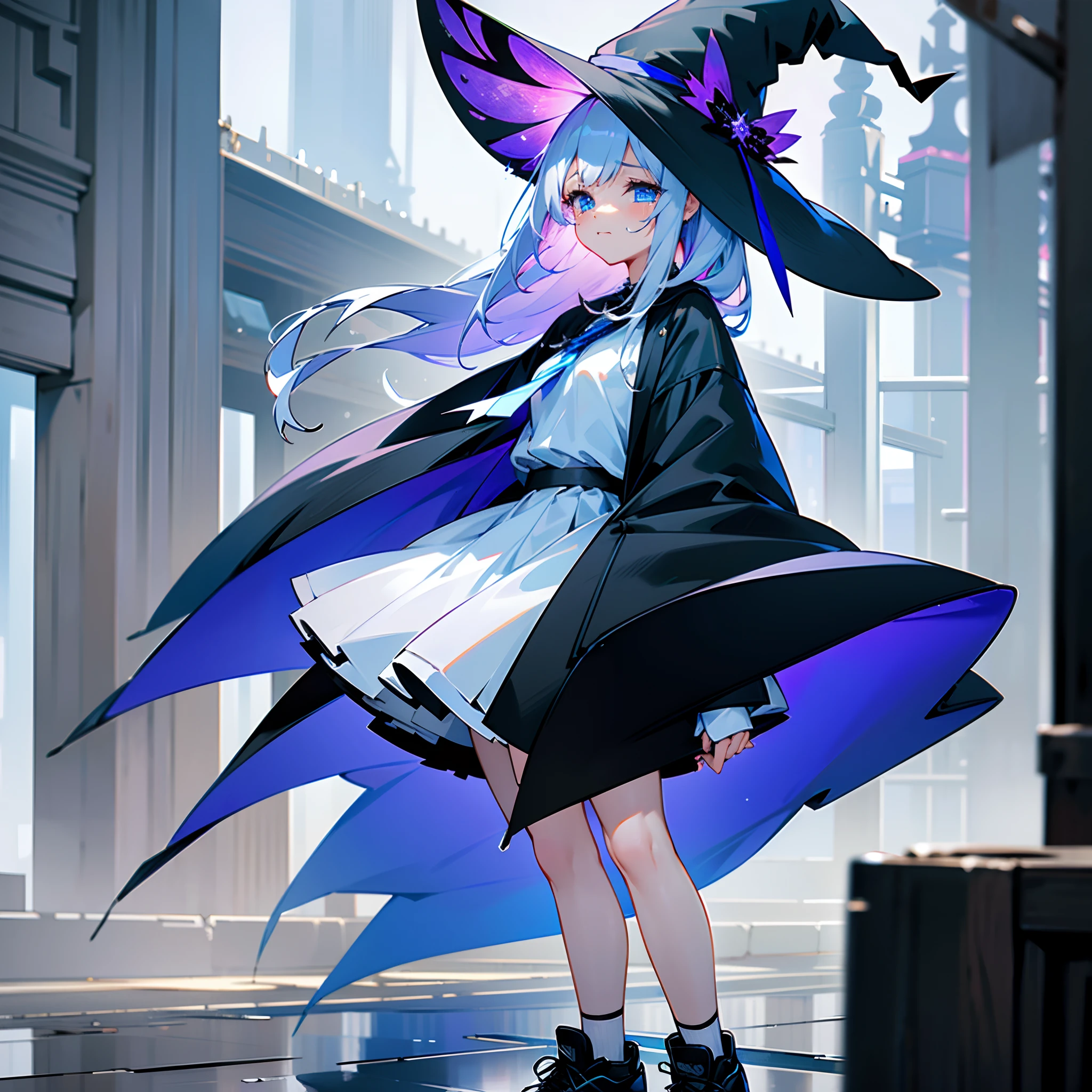 Rainy nights、A port town lined with buildings、Yokohama、Standing Girl、Black coat、white t-shirt、a black skirt、beautiful thigh、Beautiful calves、Rob hair with white hair color with blue-violet mesh、Looking at me crying、Black sneakers with white shoelaces、Large witch hat with sapphire accessories、Blue eyes with highlights、