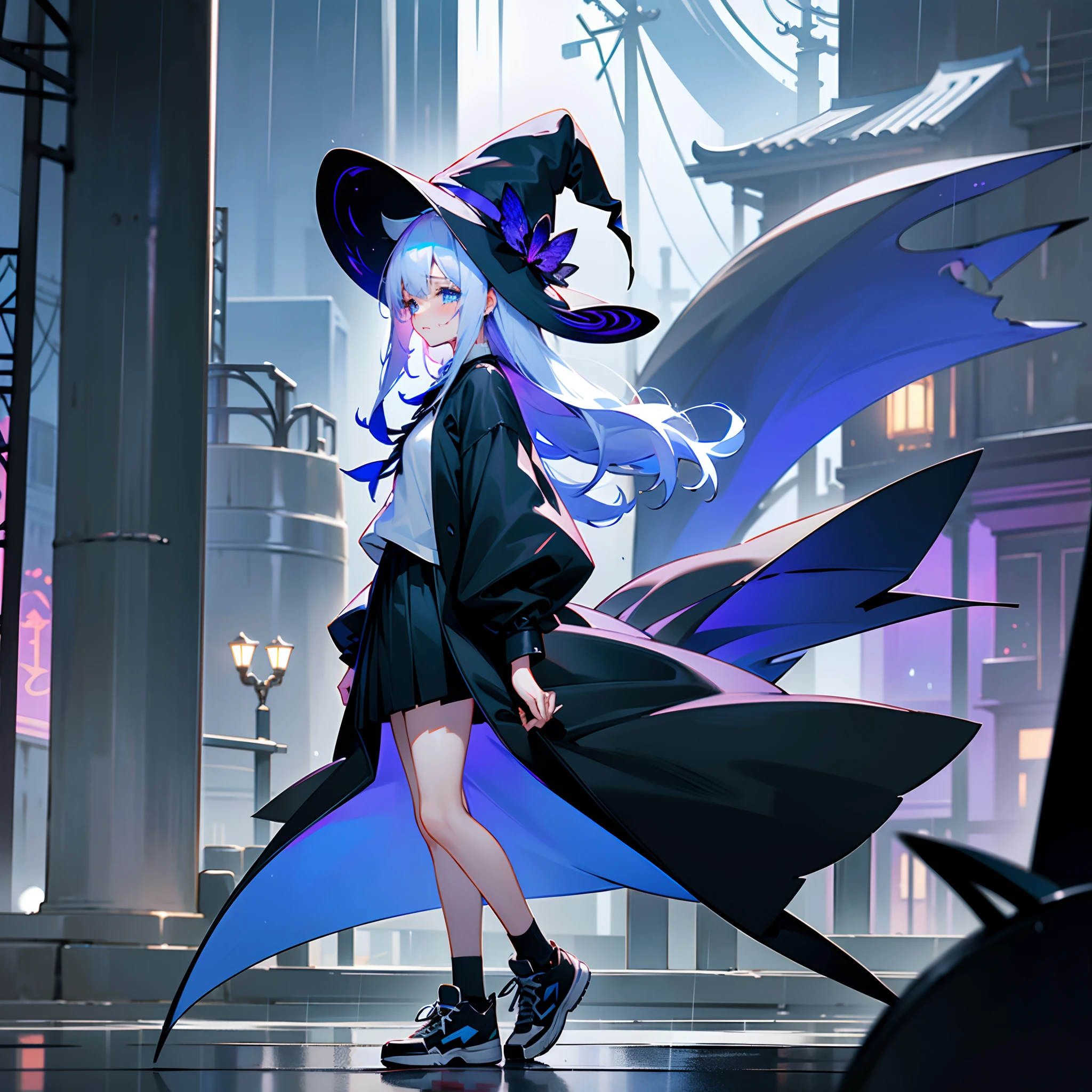 Rainy nights、A port town lined with buildings、Yokohama、Standing Girl、Black coat、white t-shirt、a black skirt、beautiful thigh、Beautiful calves、Rob hair with white hair color with blue-violet mesh、Looking at me crying、Black sneakers with white shoelaces、Large witch hat with sapphire accessories、Blue eyes with highlights、