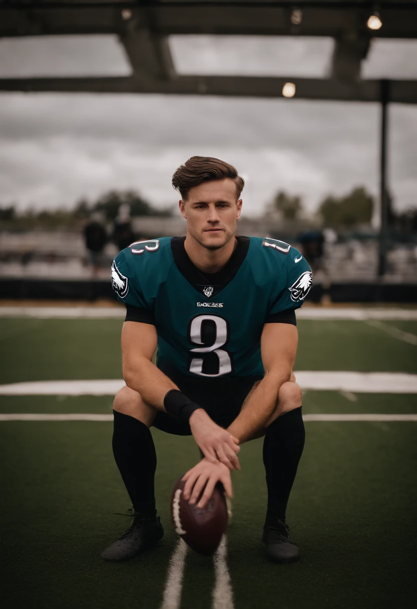 Portrait of jake elliot (eagles kicker) wearing a shirt that says “i paused my lucki to be here”