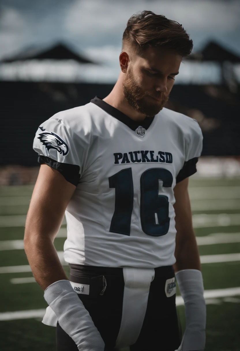 Portrait of jake elliot (eagles kicker) wearing a shirt that says “i paused my lucki to be here”