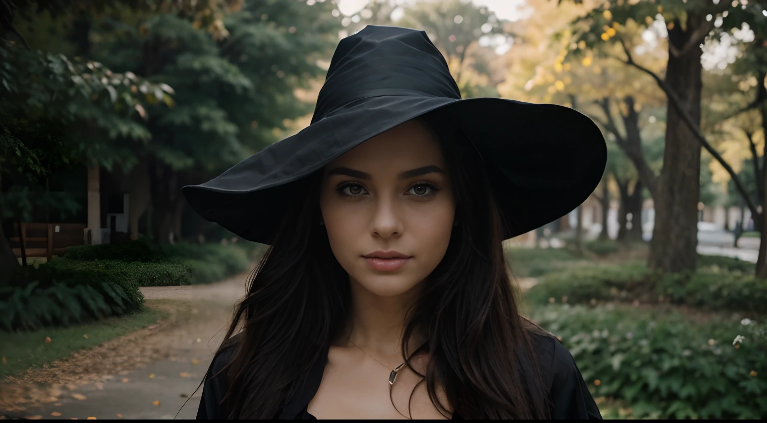 jeune femme, cheveux noirs, jolie femme, avec un chapeau, dans la forêt,, en tenue de découverte