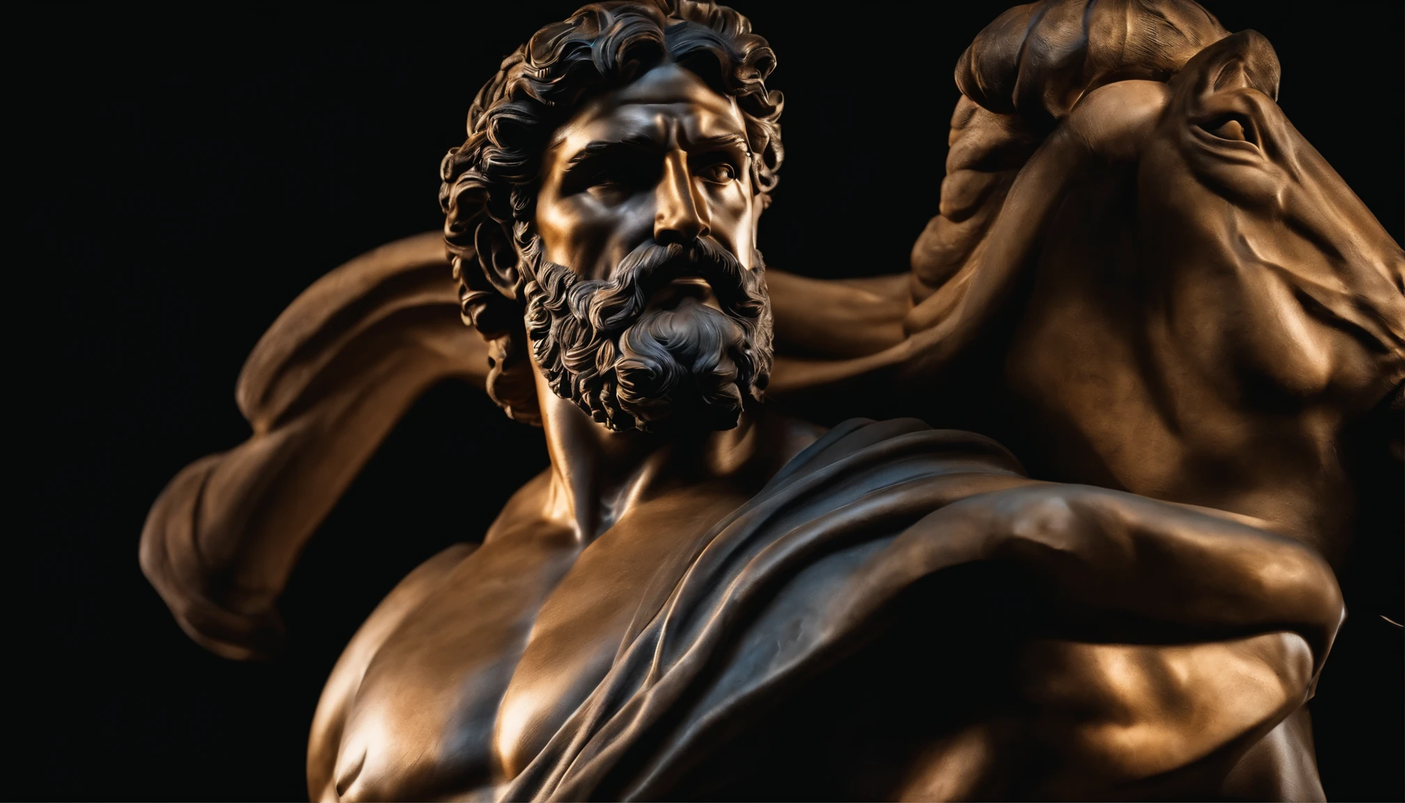 Hercules-like Greek statue, close-up, 8k, black background
