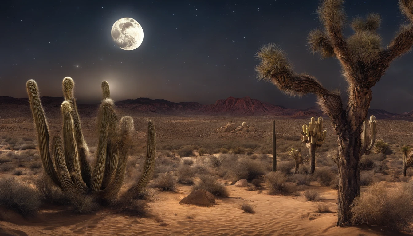 A desert,mid night,The moon and stars flutter