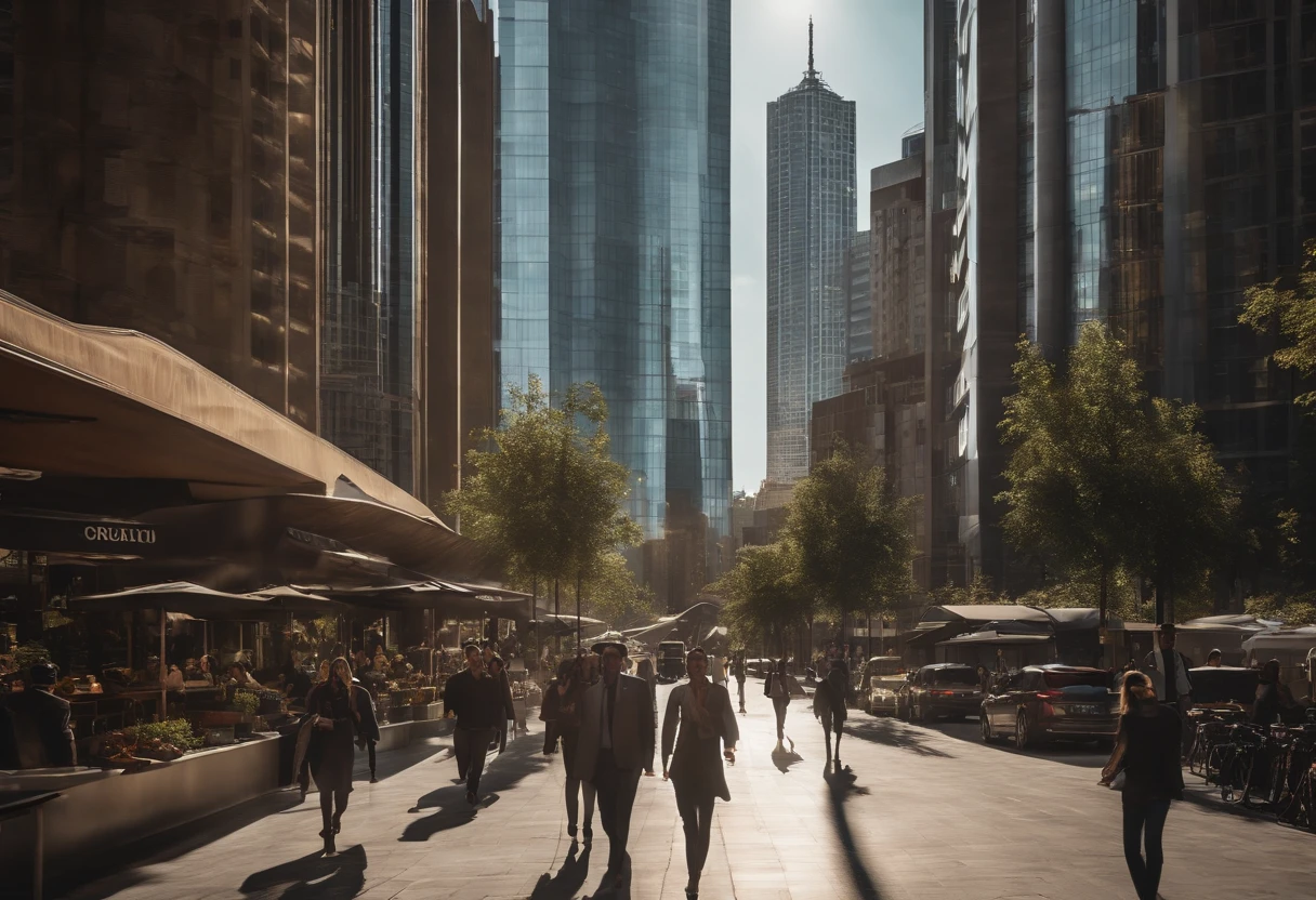 Visualize a contemporary cityscape, with tall, modern skylines rising toward the sky. The buildings are made of glass and steel, reflecting bright sunlight and creating a play of cores and reflections.
The streets are full of cars, people and movement, portraying the improvement of life in the city. You can see people walking on the sidewalks, outdoor cafes, and an atmosphere of constant activity.
The city is surrounded by a natural landscape, such as mountains in the background or a river that runs through the metropolis, creating a contrast between the urban environment and nature.