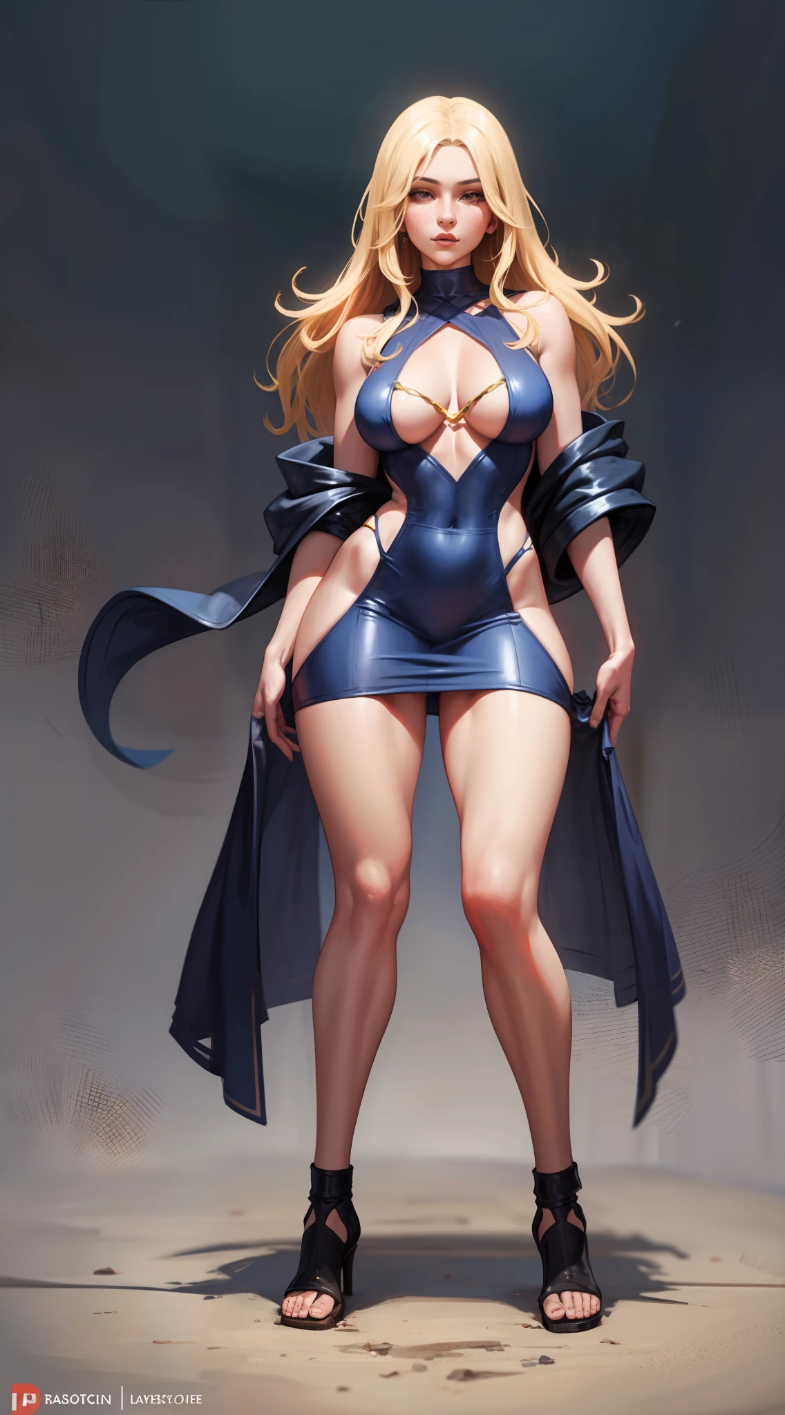 full body shot, exaggerated anatomy, gorgeous female latina witch, blonde hair, short skirt, open robe, lifelike stylized realism bold linework detailed rendering full color palette digital painting layered shading