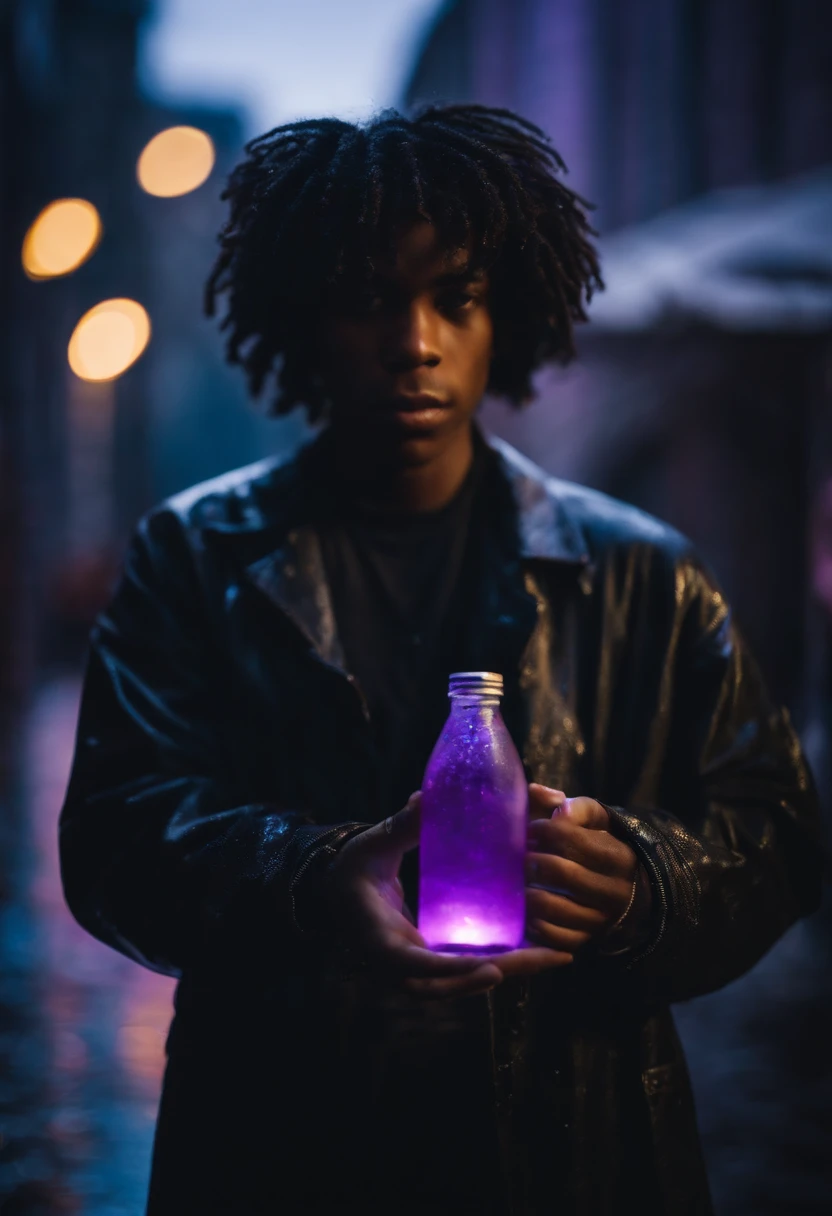 Portrait of lucki holding a sprite bottle with purple liquid in it. in the rain