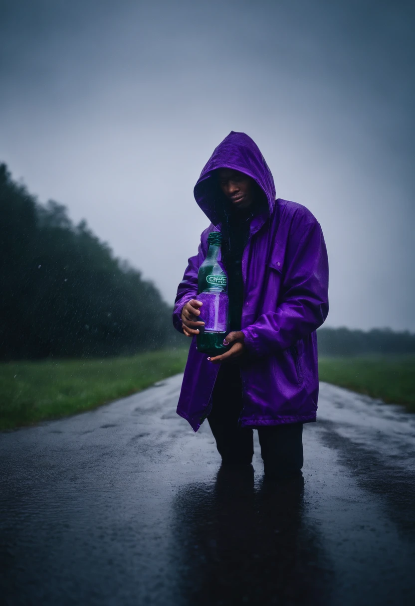 Portrait of lucki holding a sprite bottle with purple liquid in it. in the rain