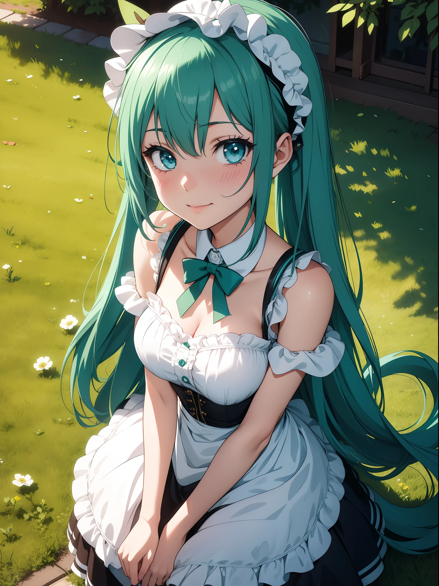 Official art、Top quality ultra-detailed CG art、miku hatsune:1.2)、Green head hair、lively girl、Maids、Transcendent Cute、kirakira、Twin-tailed、ssmile、bob cuts、turn、From above