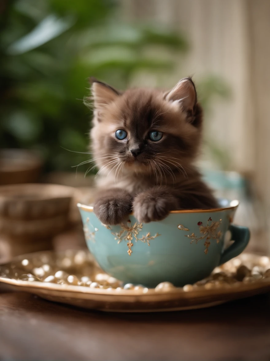 Cat, (Himalayan), (Small)))), in a teacup, Face, Front paws out, 8K, Professional photo, Delicate, Clear, On the table, Inside the house, Sunshine, Light Leak, Masterpiece, ((Pretty))), Fashionable Teacup, (Reality), Plush Toy, Round Pupils