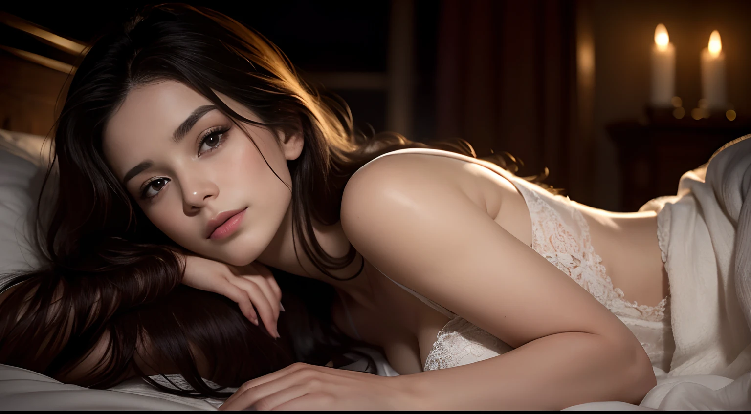 A stunningly beautiful 25-year-old British woman awakens from her sleep, she reclines her back on the bed, and her body partially covered by blankets. Her shoulder-length hair falls in messy black waves around her face. With her eyes already open, she gazes into the dimly lit bedroom, creating an enchanting atmosphere at night. This realistic photograph captures the essence of the young woman's exquisite features and evokes a sense of intimacy. The image quality is exceptional, allowing every detail to shine through, from her flawless complexion to the delicate strands of hair that frame her face.