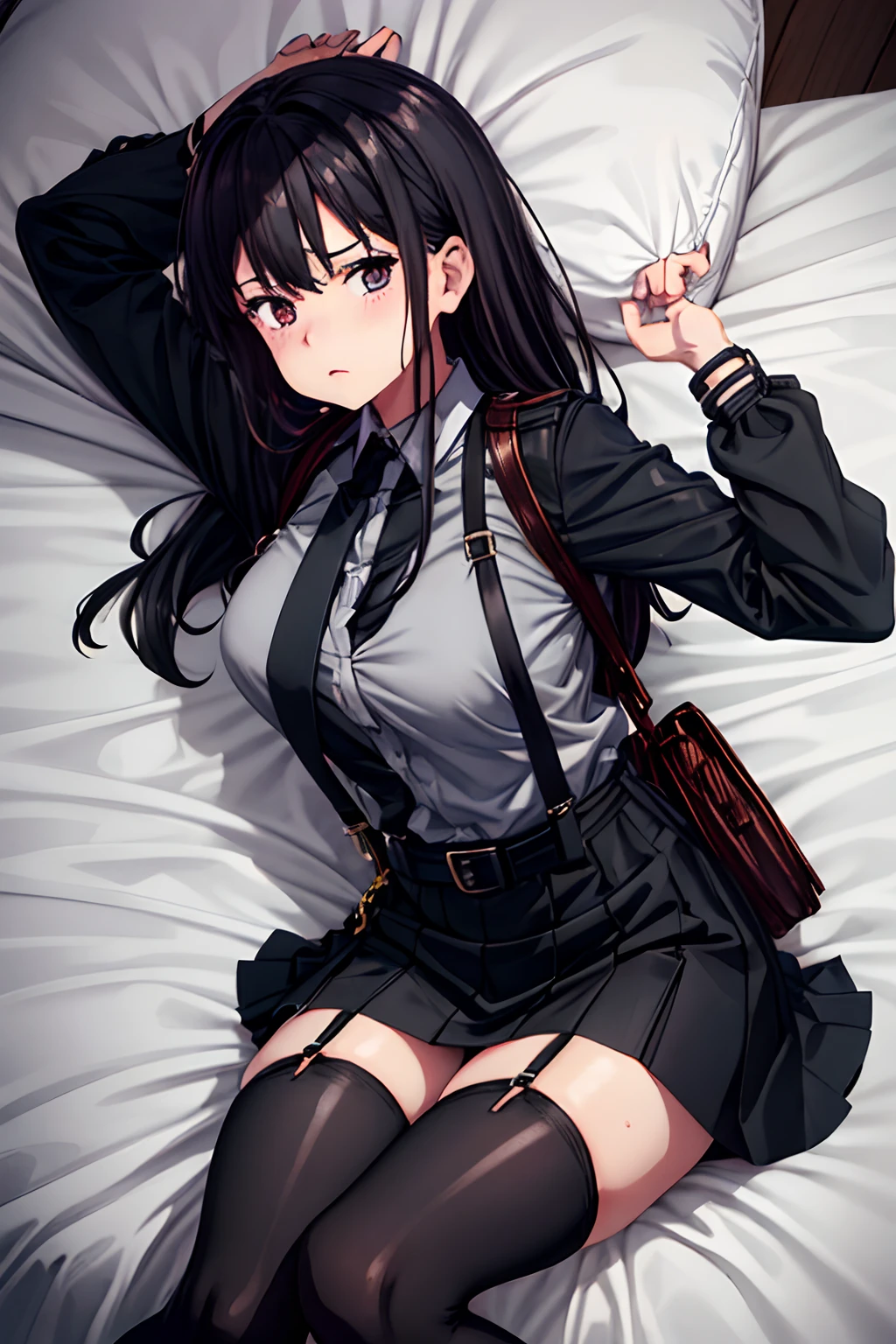 ,Belt bag,Suspenders Black Miniskirt garterbelts knee high Stockings Black Niso Colorcon armpit sweat perspiring Side of both hands,Black jacket,Gaze,ample bosom,Armpit sweat,Exposing the armpits"Tight clothes、Cuffed、wristbands Lie on the bed with your hands up White mask