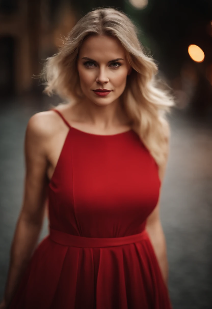 eine Frau mit blonden haaren in einem roten kleid