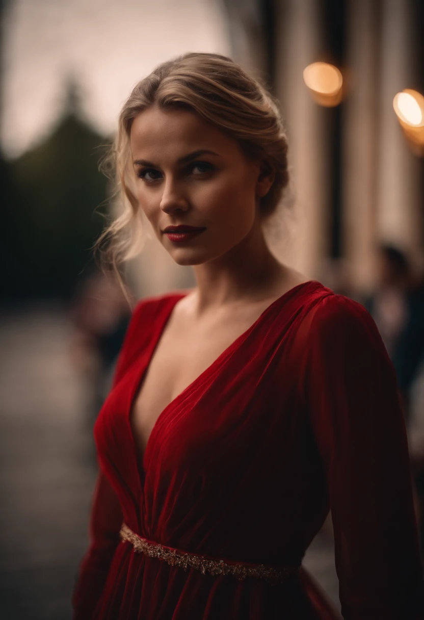 eine Frau mit blonden haaren in einem roten kleid