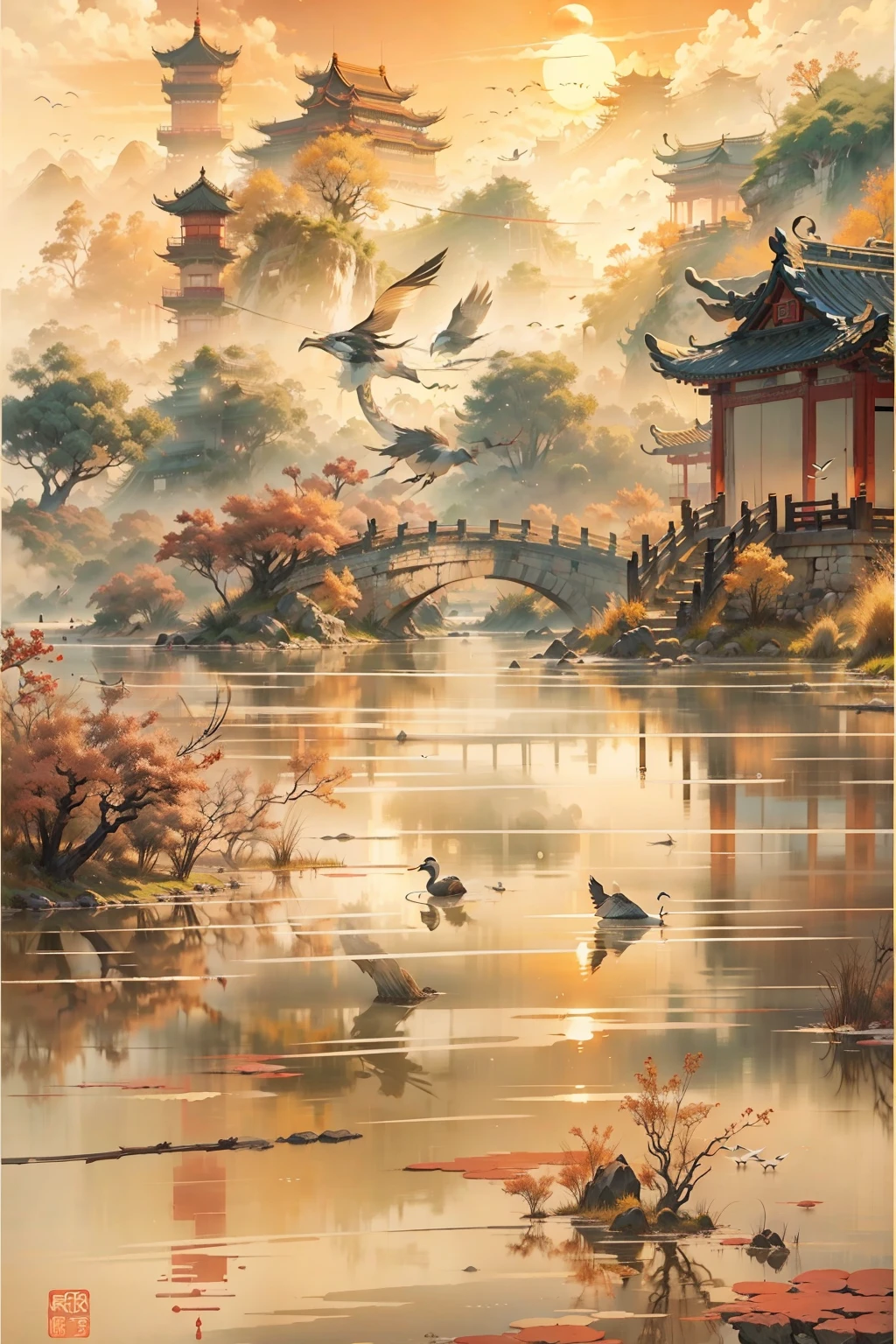 China ink painting,ink,The sunset and the solitary crane fly together,The autumn water is the same for a long time,The beauty of ancient poetry,the setting sun,Wild geese in the sky in the distance,Ancient buildings are scattered