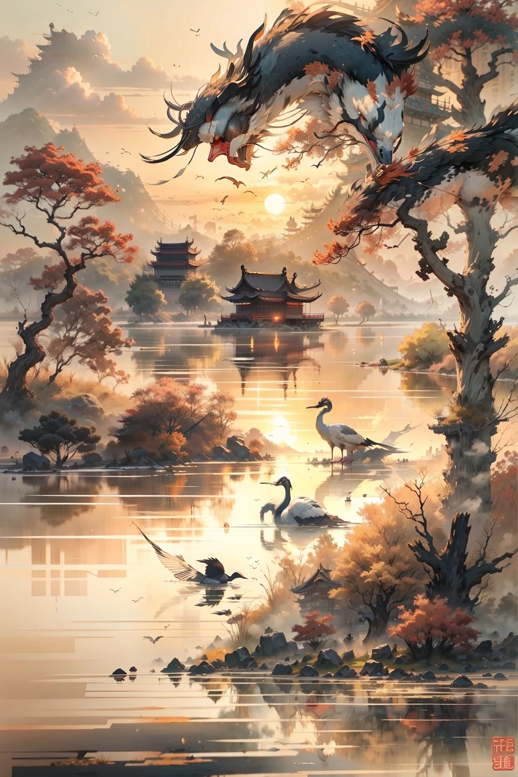 China ink painting，ink，The sunset and the solitary crane fly together，The autumn water is the same for a long time，The beauty of ancient poetry，the setting sun，Wild geese in the sky in the distance，Ancient buildings are scattered