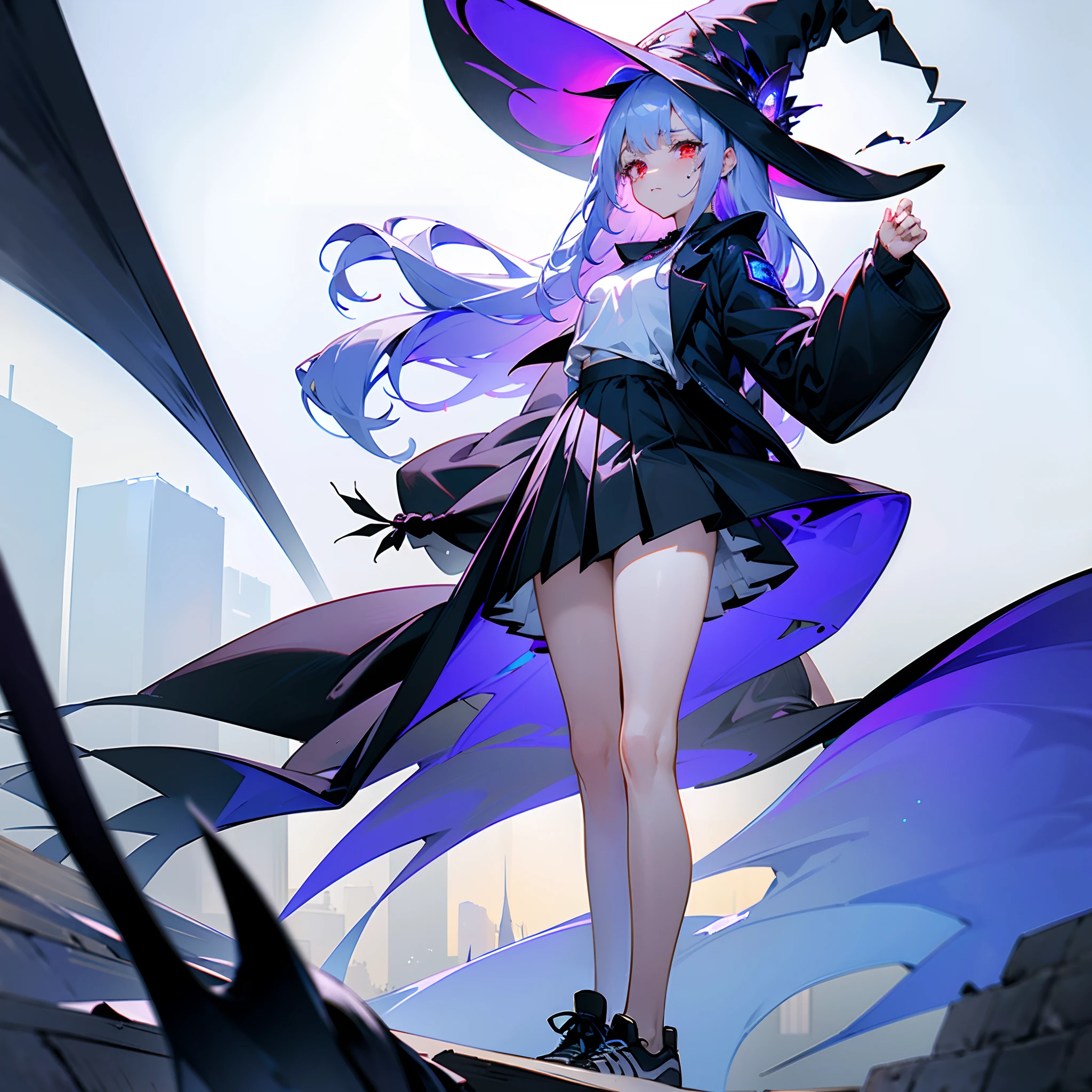 A mysterious Western-style otherworldly town、Standing Girl、Black coat、white t-shirt、a black skirt、beautiful thigh、Beautiful calves、Rob hair with white hair color with blue-violet mesh、Looking at me crying、Black sneakers with white shoelaces、Large witch hat with sapphire accessories、Red eyes with highlights、