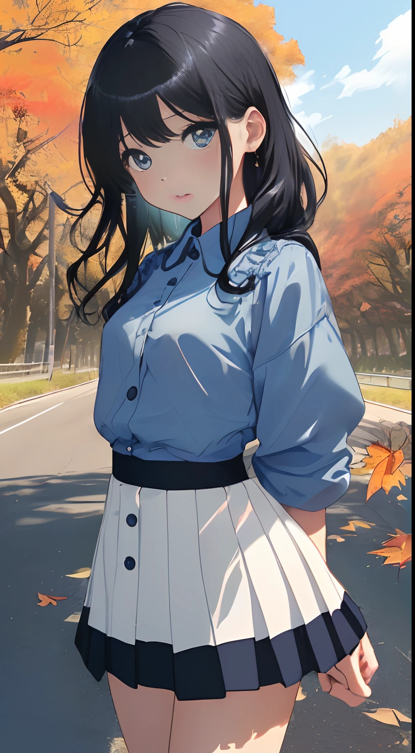 top-quality、Top image quality、masterpiece、girl with((cute little、sixteen years old、Best Bust、Medium bust、Bust 85,Beautiful blue eyes、Breasts wide open,Long Black Hair、A slender、Mesh with bangs and blue hair、Y-shirt with white collar open to second button、Blue short skirt,satchel,Reflecting the whole body、Black underwear、Rear view、View here))hiquality、Beautiful Art、Background with((blue-sky、Road of autumn leaves)),masutepiece、Elaborate design、visualart、depth of fields、The best lighting、highestdetailed、8k