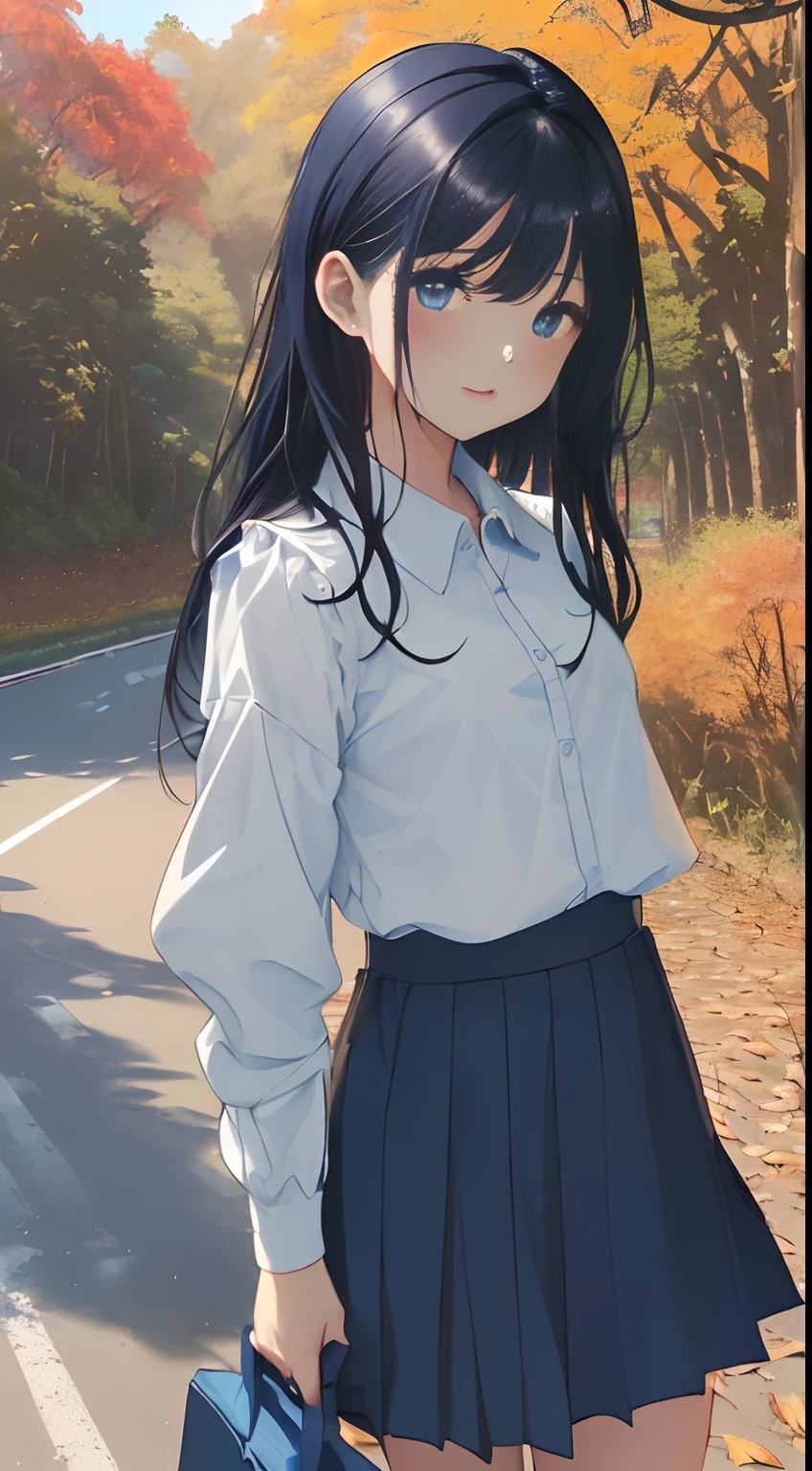 top-quality、Top image quality、tmasterpiece、Girl vs((e Babrtle、Sixteenust、Medium bust、Bust 85,beautiful blueish eyes、Flat-chested breasts,Long black hair、slenderness、Blue hairnet、White collared Y-shirt,Can be opened to a second button、Short blue skirt,satchel,embarrased face、Run、Reflecting the whole body、Black underwear、Panchira))hiquality、beautiful art、Background with((blue-sky、The road of autumn leaves)),masutepiece、carefully designed、visual art、depth of fields、The best lighting、highestdetailed、8k